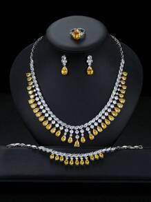 1 Set Of 5pcs Luxurious Cubic Zirconia Necklace Earrings Bracelet Ring Jewelry Set, High-Quality Teardrop Decor Bridal Wedding Evening Party Accessories Gift For Women