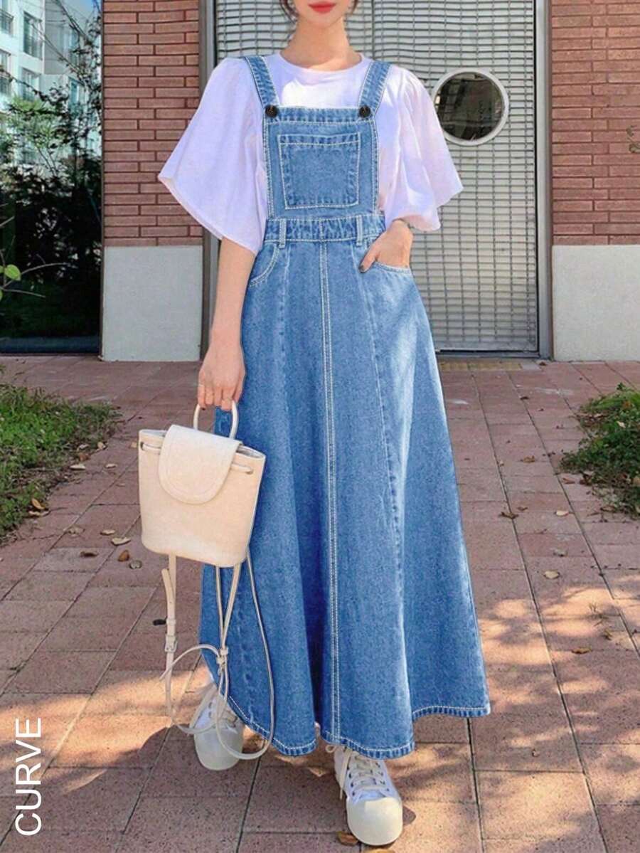 Plus Size Long Denim Overall Dress For Women – Casual Loose Fit Jean Pinafore, Elegant Versatile Style, Everyday Outfit - Rửa nhẹ - Xem 1