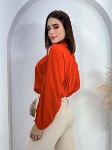 Women's Cropped Blouse Long Sleeve Puffed High Neck Ruffled Mother's Day Launch 2025 - Orange - View 3