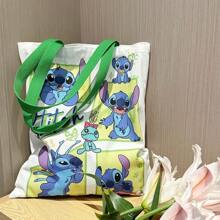 Disney Bolsa de almacenamiento con puntada, bolso de hombro de lona - Bolso grande de estilo Kawaii con lona resistente al viento, ideal para ir al trabajo, compras y almacenar objetos pequeños, diseño lindo y casual para uso diario
