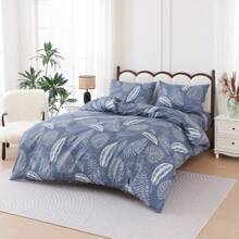 3 PiecesBlue Tropical Plant Branch And Leaf Printed Duvet Cover Set (2*Pillowcase, 1*Duvet Cover, No Core) 100% Polyester, Soft, Comfortable, Breathable, Zipper Closure, Suitable For All Seasons Suitable For Bedrooms, Guest Rooms And Dormitories.
