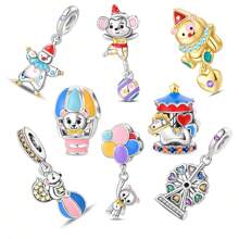 1 pieza Colgante de plata con plateado de la serie del parque de atracciones del circo, que incluye un lindo péndulo de noria, carrusel, mono, globo aerostático, oso, ardilla y payaso, adecuado para pulseras DIY y joyería de mujer