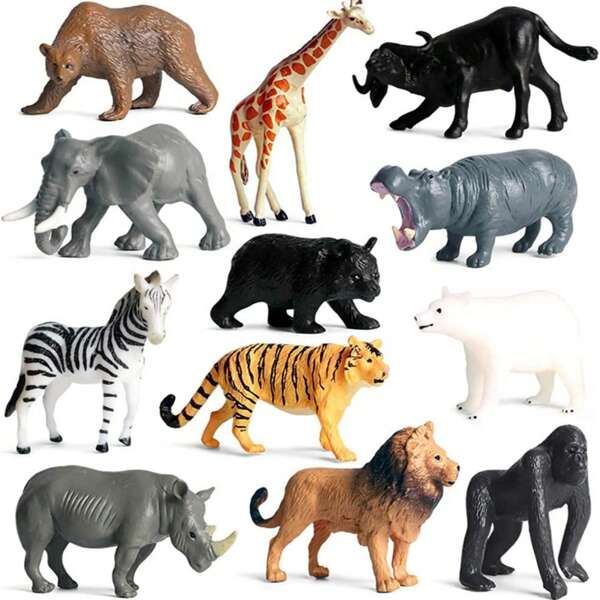 12pcs/Set Hand Painted Wild Animals Figures Toys, Realistic Jungle Zoo Mini Animal Figurines - Giraffe, Black Bear, Lion, Tiger, Brown Bear, Polar Bear, Orangutan, Elephant, Buffalo, Hippo, Rhino, Zebra - Perfect Cupcake Toppers Toy Playset Birthday/Christmas Decoration/Graduation//Eid Al-Adha/Eid Mubarak Gifts Party Supplies (Some Patterns Sent Random)