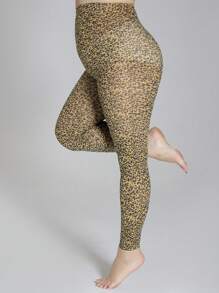 1 pieza Leggings tipo ajustado de estampado de leopardo para mujer de talla grande, mallas de longitud hasta el tobillo, elásticas y de moda sexy