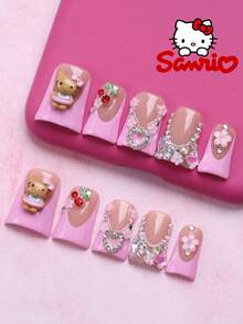 Somoving X Sanrio Hello Kitty 10Pcs Short Duckbill Shaped Handmade False Nails Cute Bow Heart Metal Star Pearl Gem Petal Design Press-On Nails Perfect Fit Acrylic False Nails Set Nail Art Supplies For Daily Life, Prom And Family Gatherings - Multicolor - View 5