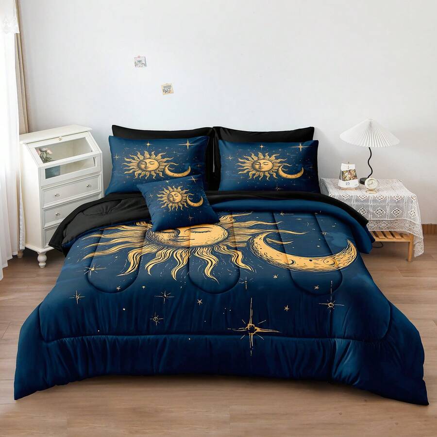 Blue Sun And Moon Comforter Set Queen 8 Pcs Bed In A Bag Galaxy Bedding Set Bohemian Gothic Comforter Set - Blue - View 1