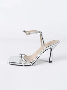 女士银色手工细带高跟鞋，性感露趾派对晚会婚礼礼服鞋，时尚博主和影响者推荐，9 厘米鞋跟高