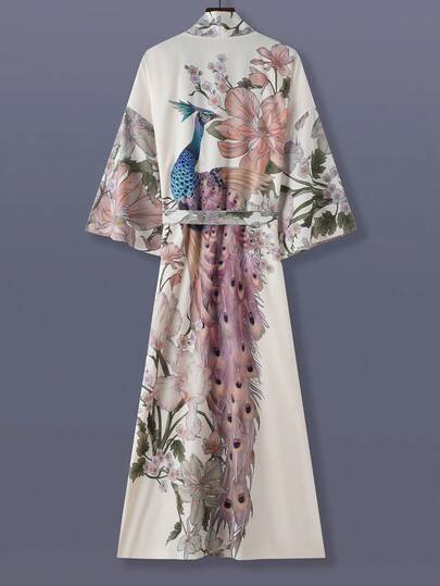 Unisex lång kimono med påfågelmönster och blommönster, tunn och lätt jacka, elegant , lämplig för vår, höst, vardag, strand, resor, lös passform, sjal och badrock