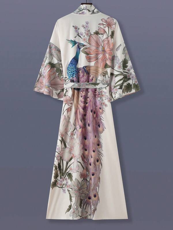 Unisex Kimono Überziehjacke mit langem Pfauenblumenmuster, dünn und leicht, eleganter , geeignet für Frühling, Herbst, Lässig, Strand, Reisen, lose sitzender Schal Bademantel Cover-Up