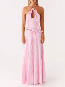 Y2k Maxi Skirt Set For Women Backless Lace Halter Top And Pleated Flowy Skirt Sets Beach Sheer Dress Summer 2 Piece Outfit Beach Set - 粉色 - 查看 2