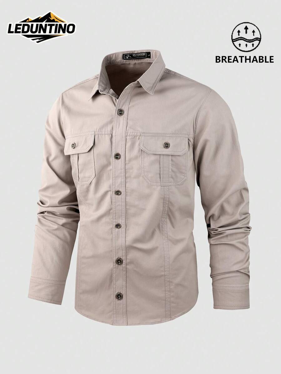 LEDUNTINO [Primavera/Verano] Camisa de hombre de moda de botones para exteriores, deportes, cargo, verde sólido, gris, regalo para novio, camisa cargo de hombre para primavera y otoño, cuello, manga larga, doble bolsillo, múltiples colores, camisas de hombre para primavera y otoño - Beis - Ver 1