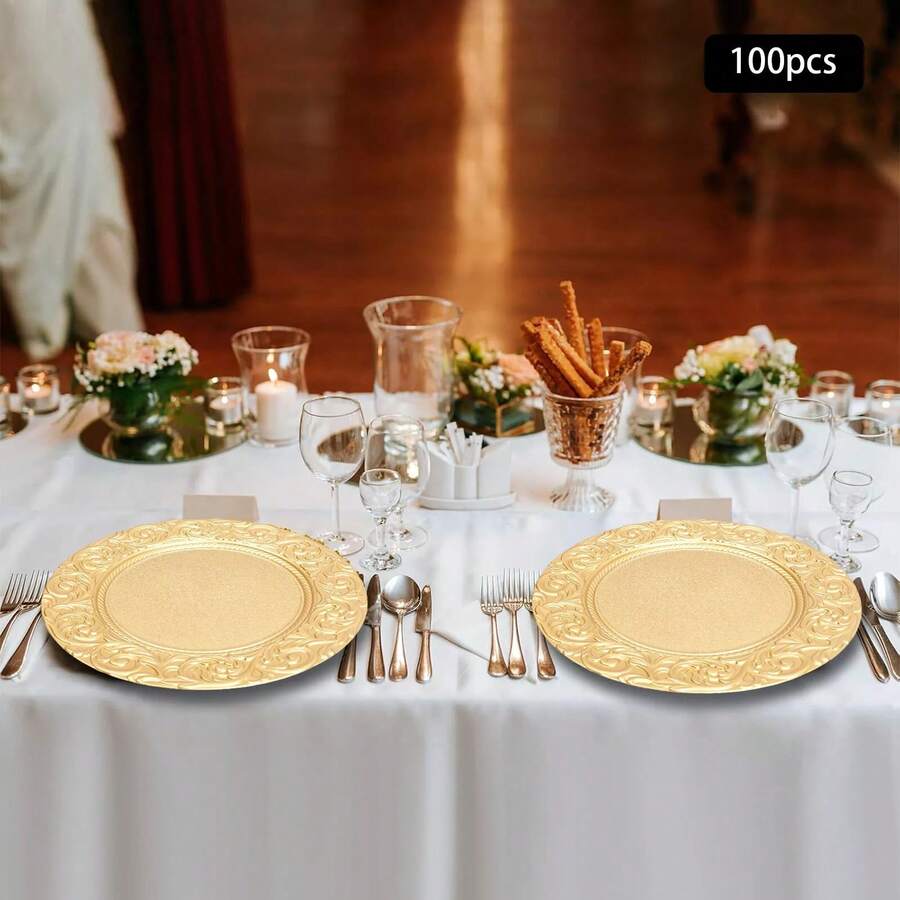 100 * Charger Plate Golden Round Plate With Floral Pattern Fine Reusable Dinner Plates Party Plate Set - 純金 - 查看 1