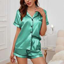 Summer Silk Satin Women Set Button Down Top & Shorts 2 Pieces Sleepwear Notched Collar Nightwear Loungewear Women - 藏蓝色 - 查看 10