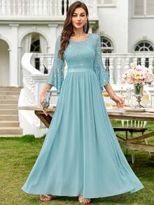 MIUSOL Sequin Floral Lace Bell Sleeve Colorblock Chiffon Ruffle Hem Formal Party Dress, Wedding Guest Gown - Mint Blue - View 6
