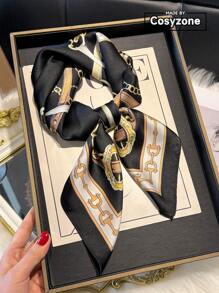 1pc Elegant Chain Print 70cm Square Scarf, Women Bandana Versatile Waist Belt Neckerchief Gift, Fashion Sash Hair Accessories For Daily Wear