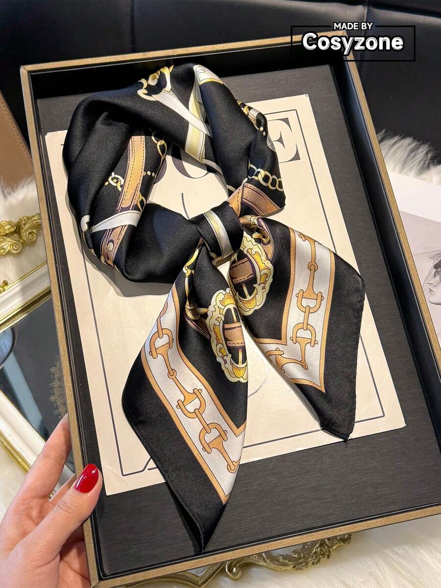 1pc Elegant Chain Print 70cm Square Scarf, Women Bandana Versatile Waist Belt Neckerchief Gift, Fashion Sash Hair Accessories For Daily Wear