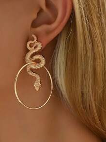 1 Pair Vintage Geometric Big Round Hoop & Snake Pendant Earrings, Exaggerated Minimalist Style
