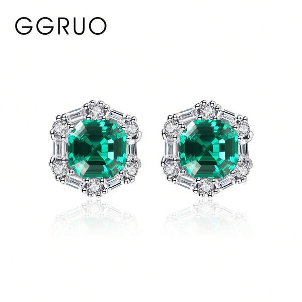 GGRUO 1Pair 925 Sterling Silver Green Geometric Studs Fashionable Exquisite Gemstone Earrings Sparkling Jewelry For Women Girls Daily Party Accessories Valentine's Day