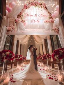 1 szt. personalizowane różowe tło z tiulu na wesele na świeżym powietrzu, spersonalizowane imię i data, tło na ceremonię ślubną i imprezę