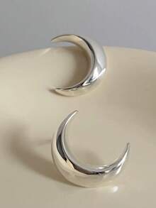 1 对几何月亮耳钉，女士款，金属设计，百搭日常佩戴 - 銀色 - 查看 2