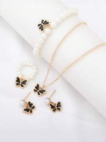 5 Pieces Girl Pearl Drop Oil Small Butterfly Necklace Bracelet Ring Simple Match All Set