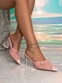 Women's Pointed Toe High Heel Sandals, Woven Perforated Sandals With Bow Decor, Transparent Crystal Heel, Rhombic Lattice Bow Solid Color Preppy Style Elegant Basic Outdoor Beach Party Wedding Sexy Sandals, PU Leather Hollow-Out Asymmetric/Irregular Perforated High Heel Sandals, Suitable For Beach, Wedding, Party, Office, Home, Outdoor, All Seasons