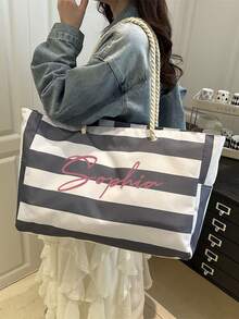 Personalized Striped Beach Tote Bag – Custom Bridesmaid Gift Bag, Large Capacity Travel Tote For Women, Monogrammed Beach Bag, Wedding Party Favor, Stylish Striped Tote For Vacation, Shopping, Mother's Day Gift, Elegant Beach Bag, Daily Use Shoulder Tote, School Supplies, For Teenagers, Junior High School Students, Middle School Students, High School Senior High School Students, College Students, University Students, Freshman, Sophomore, Underclassmen - Multicolor - View 6