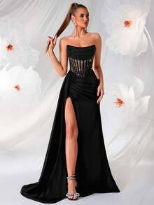 Women's Elegant Strapless, Diamond Hot Stamping, Hollowed Out High Waisted, Long Ribbon, Split Open, Backless Strap, And Floor Party Dress For Prom Birthday Party Evening Date Homecoming Party Wedding Guest Formal Dinner Family Festival - 黑色 - 查看 5