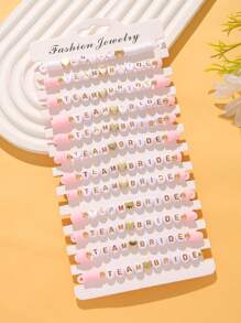 12 pièces/set Bracelet élastique en argile souple à couches de lettres de mariée et de demoiselle d'honneur, en forme de cœur. Ensemble de bracelets mode pour femmes, idéal pour mariage, fiançailles, soirée de bal et de fête. Cadeau.