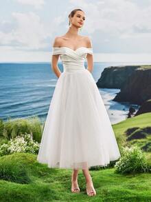 Elasola Satin Cross V-Neck Mesh Panel Off-Shoulder Graceful Evening Dress, White A-Line Fairy Style Bridal Shower Wedding Guest Dress Elegant - White - View 4
