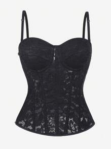 Lace Corset Bodice For Women, Black Lace Mesh Shaping Camisole With Adjustable Spaghetti Straps, Overbust Boned Bustier, Side Zipper