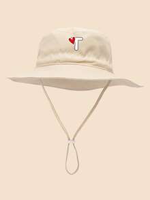 1 pieza Sombrero de sol para niños con patrón de corazón y letra, con cordón ajustable a prueba de viento, estilo casual tipo cubo para uso diario al aire libre, playa, protección solar - Beis - Ver 20