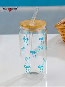 1 Set 16oz Transparent Coffee Mug With Bow Pattern, Includes Bamboo Lid & Straw, Large Capacity Outdoor Travel Portable Drink Juice Cup, Suitable For Summer And Winter, Birthday Party Holiday Gift, Christmas Present