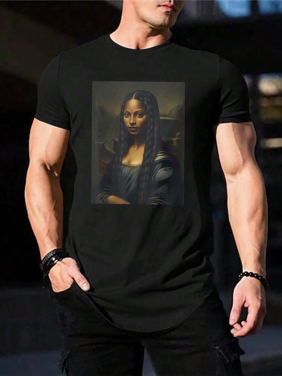 Camiseta negra Mona Lisa para hombre - Camiseta con estampado artístico único, informal y moderna para amantes del arte - ¡Compra ahora! - Negro - Ver 1