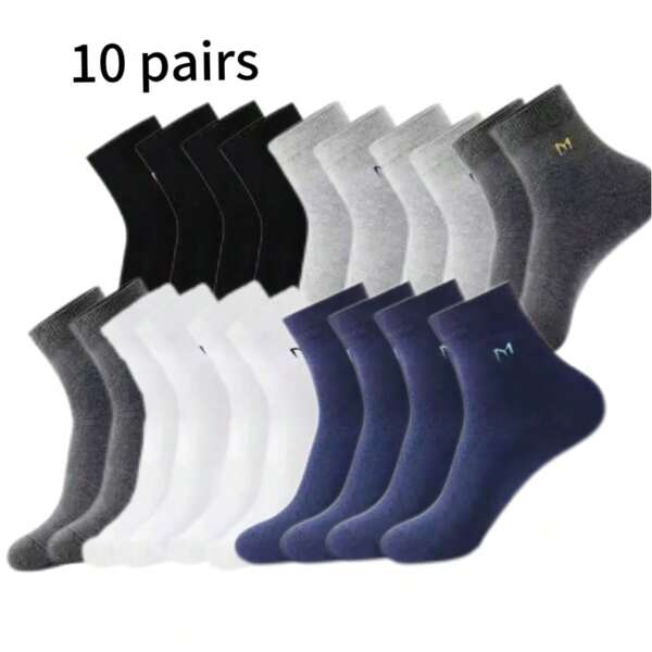 10 pares de calcetines casuales para hombre de negocios con absorción de humedad, resistentes a los olores, de media caña, con patrón de letras - lavables a máquina