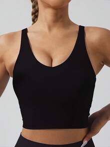 NcmRyu A Sports Bra Tank Top Solid Color Backless Wire Free Removable Padding High Elasticity Suitable For Yoga And Running  Sleek V Neck Sports Tank Top For Women Slimming Sleeveless Workout Running Crop Top With Removable Pads High Stretch Perfect For Spring Summer - Black - View 5