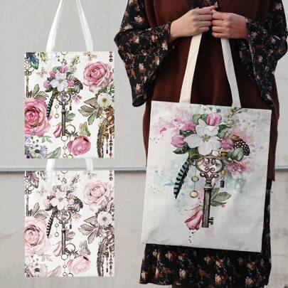 Floral Printed Canvas Tote Bag, Printed Canvas Bag, Large Capacity Portable Storage Bag, Miscellaneous Travel Bag, Reusable, Anti-Distortion Grocery Shopping Bag, Kitchen Storage, Shopping Bag