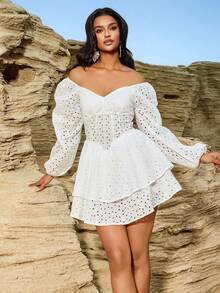 女士激光切割刺绣泡泡袖分层荷叶边长袖连衣裙