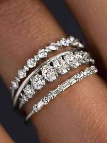 مجموعة من 4 خواتم أنيقة من النمط الأوروبي، مزخرفة بأشكال هندسية براقة، مجموعة خواتم أنيقة للنساء