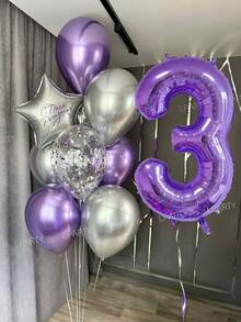 10件套紫色银色生日气球套装 - 32英寸紫色数字气球（0-9）、迷你金色皇冠铝箔气球、10英寸紫色和5英寸金属银色乳胶气球 - 优雅派对装饰 - 紫色 - 查看 8