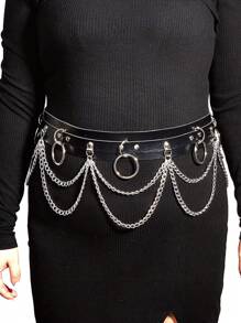 1 pieza Cinturón de mujer de talla grande con colgante de círculo de metal negro de doble capa, decoración de cintura de cuero, estilo punk oscuro, para accesorio de vestido diario de verano, escuela, otoño, Halloween