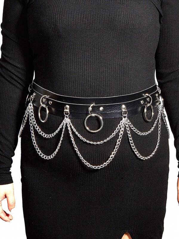 1pc Women Plus Size Black Metal Circle Pendant Double-Layer Chain Belt, Leather Waist Decor, Dark Punk Style, For Daily Dress Accessory Summer, School