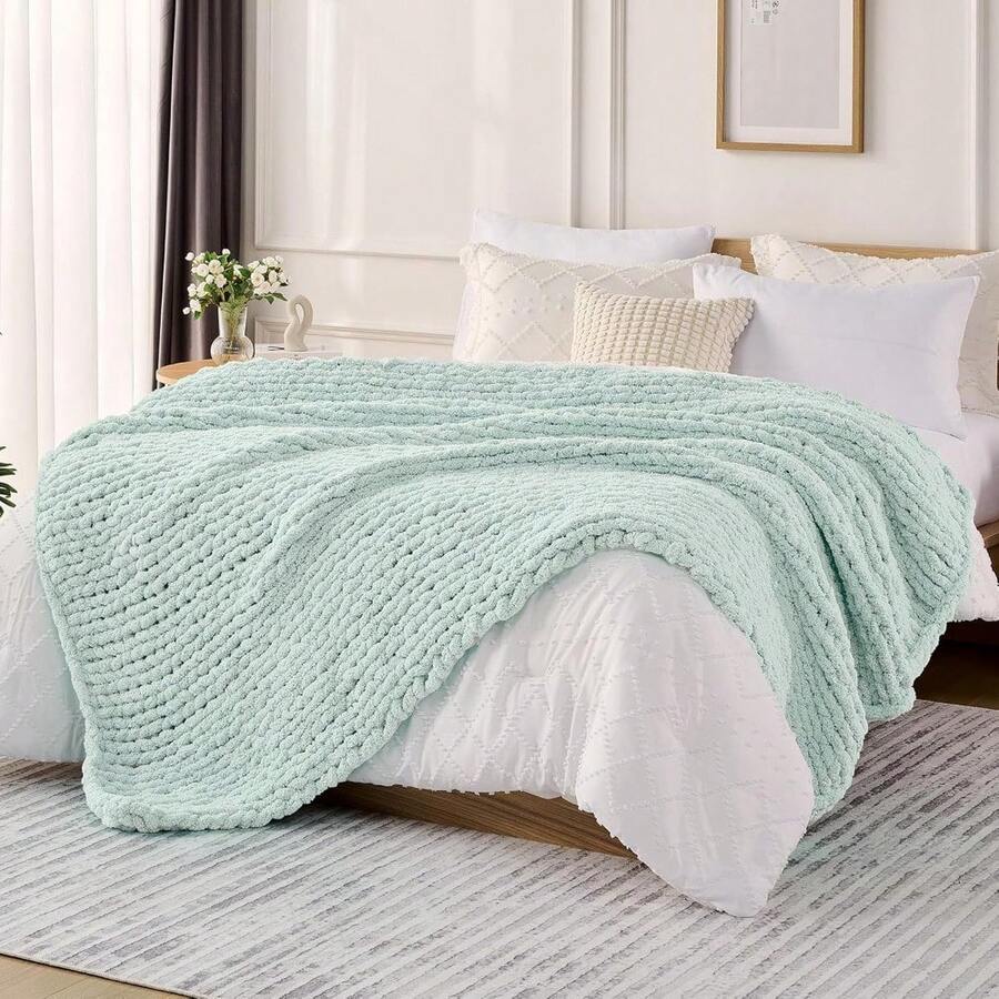 Chunky Knit Blanket - Soft Chenille Yarn Throws 40x50: Handmade Thick Cable Crochet Blanket - Large Chunky Yarn Rope Knot Throw For Couch, Sofa, Bed Home Decor - 薄荷綠 - 查看 1
