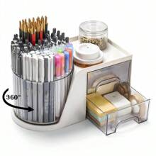 Organisateur de bureau rotatif avec 2 tiroirs, porte-crayon et porte-stylo pour bureau, organisateurs de bureau et accessoires avec 4 compartiments + tiroir pour fournitures de bureau et d'art (blanc)