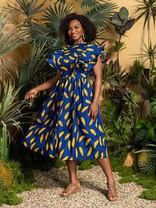 女士圆领荷叶袖 A 字中长连衣裙 - 宽松版型大码日装，适合休闲外出、海滩度假、周末早午餐、公园漫步和日常差事 - 藍色 - 查看 5