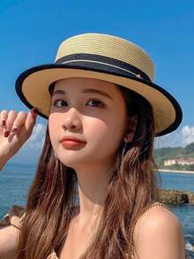 1pc Women's Solid Color Straw Hat, Casual Boho Vintage Royal Style Street Elegant Straw Hat, Summer Beach Sun Hat, UV Protection, Suitable For Everyday Outings - A - View 5