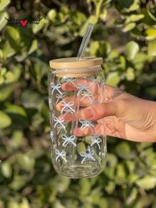 1 Set 16oz Transparent Coffee Mug With Bow Pattern, Includes Bamboo Lid & Straw, Large Capacity Outdoor Travel Portable Drink Juice Cup, Suitable For Summer And Winter, Birthday Party Holiday Gift, Christmas Present