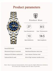 POEDAGAR 1件装女士奢华不锈钢防水夜光日期星期石英表，优雅女士腕表，适合日常佩戴和节日礼物 - 藍色 - 查看 7