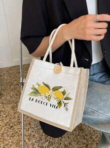 Vibrant Lemon Pattern Printed Tote Bag, Reusable Printed Women'S Tote Bag, Double Handle Shopping School Bag, Large Capacity Shoulder Bag, Casual Tote Bag, Christmas Storage Bag, Suitable For Commuting, School And Shopping, Convenient For Outdoor Use, Gifts For Mom, Friends And Besties, Teacher Gifts, Perfect Choice For Vacation And Festival, Best Mother'S Day Gift