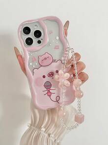 奶油纹理波浪边亮面粉色可爱小猪彩绘防震手机壳，配有手工串珠手链配件，兼容 16/11/16pro/16plus/16promax/16e/15Promax/13/14/12/XS/XR/7G/8P，兼容三星 Galaxy S25/S25PLUS 防水防摔防刮 - 彩色 - 查看 5